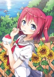 Rule 34 | 1girl, aqua eyes, bad id, bad pixiv id, blue skirt, blush, bowl, closed mouth, commentary request, day, eating, fence, flower, food, from side, grey sailor collar, hair between eyes, holding, holding food, holding spoon, kurosawa ruby, looking at viewer, love live!, love live! school idol project, love live! sunshine!!, neckerchief, ocean, outdoors, puffy sleeves, red hair, red neckerchief, rock, sailor collar, school uniform, serafuku, shaved ice, short hair, short sleeves, skirt, solo, spoon, standing, sunflower, sweets, taiyaki (astre), tree, two side up, utensil in mouth