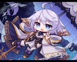 Rule 34 | 1girl, :d, ahoge, bare shoulders, black bow, black footwear, blue eyes, blush, boots, bow, chibi, coat, commentary request, dress, flower-shaped pupils, full body, granblue fantasy, grey hair, grey wings, hair between eyes, hands up, head wings, holding, holding umbrella, letterboxed, long sleeves, looking at viewer, night, night sky, open mouth, pelvic curtain, purple bow, rensei, sky, sleeveless, sleeveless dress, smile, solo, star (sky), starry sky, symbol-shaped pupils, thighhighs, thighhighs under boots, umbrella, v, wamdus (granblue fantasy), white coat, white dress, white thighhighs, white umbrella, wide sleeves, wings