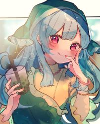 Rule 34 | 1girl, :q, bangle, blue hair, blush, bracelet, bubble tea, chikuwa (tikuwaumai ), commentary request, cup, dress, finger to mouth, green dress, green headwear, hair scarf, hand on own cheek, hand on own face, haniyasushin keiki, highres, holding, holding cup, jewelry, lens flare, long hair, looking at viewer, multicolored nails, nail polish, necklace, pearl necklace, pink eyes, shirt, sidelocks, smile, solo, tongue, tongue out, touhou, upper body, yellow shirt