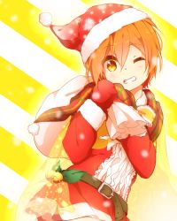 Rule 34 | 10s, 1girl, bell, belt, gloves, grin, hat, hoshizora rin, jingle bell, looking at viewer, love live!, love live! school idol project, oda (101511a), one eye closed, orange hair, red gloves, santa costume, santa hat, scarf, smile, solo, striped, striped background, yellow eyes