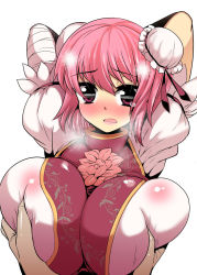 Rule 34 | 1girl, 78rr, arms up, bandages, blush, breasts, breasts squeezed together, double bun, female focus, grabbing, grabbing another&#039;s breast, hair bun, huge breasts, ibaraki kasen, looking at viewer, open mouth, pink hair, short hair, simple background, solo focus, tears, touhou, white background