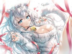 Rule 34 | 1girl, absurdres, animal ears, arms up, bell, blue eyes, blue nails, breasts, cat ears, cat tail, cleavage, collar, commentary, fang, hair between eyes, heart, highres, large breasts, leg up, long sleeves, mirukurim, nail polish, neck bell, original, plunging neckline, red ribbon, ribbed sweater, ribbon, sidelocks, silver hair, skin fang, sleeves past wrists, slit pupils, smile, solo, sweater, symbol-only commentary, tail, thighs, white background