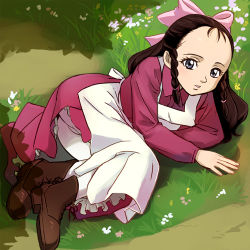 Rule 34 | 1girl, apron, blue eyes, boots, bow, braid, brown hair, collar, dress, emily byrd starr, female focus, frilled skirt, frills, grass, hair bow, hair ornament, haruyama kazunori, kaze no shoujo, long dress, long hair, long sleeves, looking at viewer, lowres, lying, on side, outdoors, pantyhose, pink bow, red dress, shadow, skirt, solo, twin braids