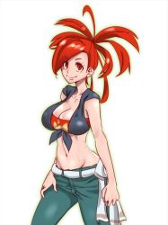 Rule 34 | 10s, 1girl, bad id, bad pixiv id, breasts, cleavage, creatures (company), crop top, denim, flannery (pokemon), game freak, groin, gym leader, long hair, looking at viewer, midriff, navel, nintendo, pants, pokemon, pokemon oras, ponytail, red eyes, red hair, smile, solo, standing, white background, zaitsu