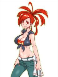 10s 1girl bad_id bad_pixiv_id breasts cleavage creatures_(company) crop_top denim flannery_(pokemon) game_freak groin gym_leader long_hair looking_at_viewer midriff navel nintendo pants pokemon pokemon_oras ponytail red_eyes red_hair smile solo standing white_background zaitsu