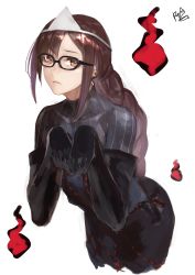 Rule 34 | 1girl, absurdres, black dress, black gloves, braid, braided ponytail, breasts, brown eyes, brown hair, center opening, closed mouth, dress, earrings, elbow gloves, fate/grand order, fate (series), glasses, gloves, grey dress, highres, hitodama, jewelry, layered dress, leaning forward, long hair, looking at viewer, medium breasts, multiple earrings, peperon (peperou), ribbed dress, ribbon-trimmed dress, simple background, solo, very long hair, white background, yu mei-ren (fate), yu mei-ren (first ascension) (fate)
