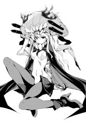 Rule 34 | 10s, 1girl, abyssal ship, anchor, arms up, bodysuit, breasts, cannon, cape, chain, collar, covered navel, dimples of venus, full body, greyscale, hitotoki, kantai collection, large breasts, leotard, long hair, machinery, monochrome, monster, pantyhose, skin tight, solo, teeth, turret, very long hair, white background, wo-class aircraft carrier