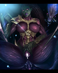 Rule 34 | 1boy, 1girl, anal, beckoning, breasts, censored, claws, cum, cum in pussy, covered erect nipples, glowing, glowing eyes, hetero, highres, licking lips, nipples, penis, pussy, sarah kerrigan, sawao, sex, starcraft, sweat, tongue, tongue out, visible musculature, zerg