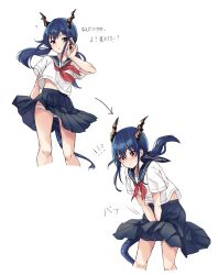 Rule 34 | !?, 1girl, ?, alternate costume, arknights, black skirt, blue hair, blue sailor collar, blush, ch&#039;en (arknights), clothes lift, commentary request, dragon horns, dragon tail, floating hair, tucking hair, highres, horns, lily0428, long hair, lowleg, lowleg panties, multiple views, neckerchief, panties, pantyshot, red eyes, red neckerchief, sailor collar, school uniform, serafuku, shirt, simple background, skirt, skirt lift, skirt tug, standing, tail, translation request, twintails, underwear, white background, white panties, white shirt, wind, wind lift
