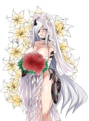 Rule 34 | 1girl, absurdres, alchemist (girls&#039; frontline), android, bare shoulders, blush, bouquet, breasts, bridal veil, choker, collarbone, dress, elbow gloves, floral background, flower, girls&#039; frontline, gloves, hair over one eye, highres, huge breasts, lazy ant, long hair, looking at viewer, no panties, open mouth, sangvis ferri, shiny skin, solo, thighs, veil, very long hair, wedding dress, white dress, white gloves, white hair, yellow eyes