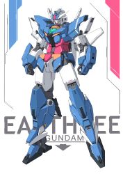 Rule 34 | absurdres, character name, clenched hand, ctpt9r, earthree gundam, green eyes, gundam, gundam build divers, gundam build divers re:rise, highres, looking down, mecha, no humans, robot, solo, standing, v-fin, white background