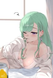Rule 34 | 1girl, 4kebidayo, absurdres, arm support, bed sheet, black nails, breasts, can, collared shirt, curtains, dress shirt, ear piercing, earrings, green hair, hair behind ear, hanging breasts, highres, jewelry, large breasts, long hair, long sleeves, mole, mole on breast, naked shirt, no bra, off shoulder, one eye closed, open clothes, open shirt, parted lips, piercing, purple eyes, shirt, single bare shoulder, single earring, sleepy, sleeves past wrists, solo, swept bangs, tearing up, virtual youtuber, vspo!, waking up, white shirt, window, wing collar, yakumo beni