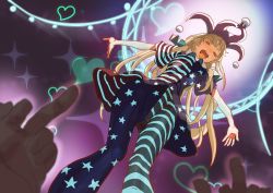 Rule 34 | 1girl, 3735geriragouki, absurdres, american flag dress, american flag legwear, blonde hair, blue dress, blue pants, blush, clownpiece, dark persona, dark skin, dress, hat, highres, jester cap, long hair, middle finger, multicolored clothes, multicolored dress, multicolored pants, open mouth, pants, purple headwear, red dress, red eyes, red pants, short sleeves, smile, solo focus, standing, star (symbol), star print, striped clothes, striped dress, striped pants, tongue, touhou, white dress, white pants