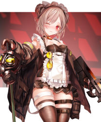 Rule 34 | 1girl, apron, black dress, black gloves, black jacket, black thighhighs, blush, breasts, buckle, closed mouth, commission, dress, eyelashes, frilled apron, frills, gas mask, girls&#039; frontline, gloves, gun, hair bun, highres, holding, holding gun, holding weapon, jacket, large breasts, looking at viewer, maid headdress, mask, one eye closed, p90 (girls&#039; frontline), panties, pottsness, pouch, single hair bun, skeb commission, sleeveless, sleeveless dress, snap-fit buckle, solo, sunglasses, sunglasses removed, thigh pouch, thigh strap, thighhighs, thighs, tinted eyewear, underwear, unworn eyewear, weapon, white apron, white panties, yellow-tinted eyewear