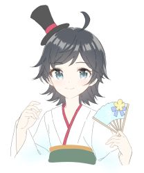 Rule 34 | 1girl, ahoge, bad id, bad twitter id, black hair, folding fan, furisode, green eyes, hand fan, hat, japanese clothes, kantai collection, kimono, looking at viewer, matsukaze (kancolle), meiji schoolgirl uniform, mini hat, mini top hat, shiosoda, short hair, simple background, smile, solo, swept bangs, top hat, upper body, wavy hair, white background