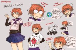 Rule 34 | :3, bsapricot, chibi, closed mouth, curiosity (mars rover), english text, glasses, green eyes, grey background, highres, knuckles the echidna, mars-chan, meme, multiple views, one eye closed, original, pleated skirt, print shirt, red hair, round eyewear, salute, school uniform, sega, serafuku, shirt, simple background, skirt, smirk, sonic (series), sparkle, standing, star (symbol), star print, tattoo, tongue, tongue out, troll face, twitter username, ugandan knuckles, vrchat, vulcan salute, white shirt