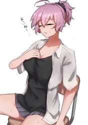 Rule 34 | 1girl, ahoge, alternate costume, aoba (kancolle), black scrunchie, black shirt, black wetsuit, chair, closed eyes, collared shirt, commentary request, dress shirt, grey skirt, highres, ikadamo, kantai collection, messy hair, open clothes, open shirt, pleated skirt, ponytail, purple hair, scrunchie, shirt, short hair, simple background, skirt, solo, white background, white shirt