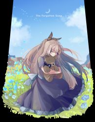 Rule 34 | 1girl, ahoge, black dress, blue flower, blue ribbon, brown hair, closed eyes, cloud, cloudy sky, crescent moon, dress, falling petals, feather hair ornament, feathers, field, flower, fongban illust, frilled dress, frills, grass, hair ornament, hairclip, highres, hololive, hololive english, long hair, moon, multicolored hair, nanashi mumei, hugging object, official alternate costume, petals, ponytail, ribbon, sky, song name, streaked hair, stuffed animal, stuffed toy, teddy bear, very long hair, virtual youtuber, vocaloid