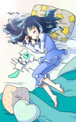 Rule 34 | 10s, 1girl, barefoot, bed, blanket, blue hair, blush, coffret (heartcatch precure!), closed eyes, heartcatch precure!, kurumi erika, long hair, lying, night clothes, on side, pillow, precure, ryun, sleeping, smile, star (symbol)