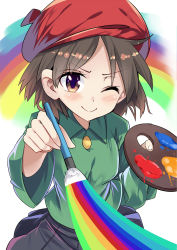 Rule 34 | &gt;;), 1girl, adeleine, beret, blush, brown eyes, brown hair, e.o., hat, highres, kirby (series), kirby 64, looking at viewer, nintendo, one eye closed, rainbow, red hat, short hair, smile, solo, v-shaped eyebrows