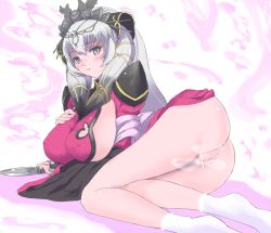 Rule 34 | 1girl, ass, breast hold, breasts, censored, covered erect nipples, female focus, gradient hair, grey eyes, hair ornament, huge breasts, knife, kumakichi (cost-lost), legs, long hair, lying, multicolored hair, on side, pussy, sangokushi taisen, sideboob, socks, solo, weapon, white hair, zhang chunhua (sangokushi taisen)
