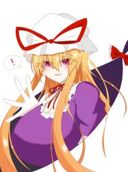 Rule 34 | !, 1girl, absurdres, blonde hair, blush, bow, breasts, cleavage, dress, eyelashes, gap (touhou), gloves, hat, highres, huge breasts, long hair, looking at viewer, mob cap, open mouth, purple dress, purple eyes, red bow, ribbon, smile, solo, spoken exclamation mark, touhou, very long hair, waving, we (bose-f), white gloves, yakumo yukari