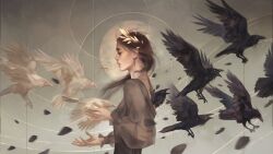 Rule 34 | 1girl, animal, bird, brown hair, brown shirt, crow, dove, earrings, from side, highres, jeleynai, jewelry, open mouth, original, shirt, signature, watermark