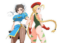 Rule 34 | 2girls, ahoge, antenna hair, ass, bare shoulders, beret, biscuit oribu, black hair, blonde hair, blue eyes, boots, bracelet, braid, breasts, brown eyes, brown hair, bun cover, cammy white, camouflage, capcom, china dress, chinese clothes, chun-li, deyezi, double bun, dress, earrings, fingerless gloves, garrison cap, gloves, hair bun, hat, highleg, highleg leotard, jewelry, large breasts, leotard, long hair, looking back, multiple girls, panties, pantyhose, pelvic curtain, scar, short hair, smile, spiked bracelet, spikes, standing, street fighter, tattoo, thighs, thong leotard, twin braids, twintails, underwear, white background