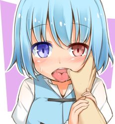 Rule 34 | 1girl, blue eyes, blue hair, blue vest, blush, disembodied limb, finger in another&#039;s mouth, frilled shirt collar, frills, garasuita, heterochromia, mouth pull, open mouth, oral invitation, out of frame, red eyes, saliva, shirt, short hair, solo focus, tatara kogasa, tongue, tongue out, touhou, vest, white shirt