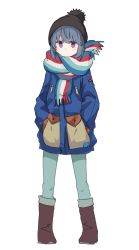 Rule 34 | 1girl, blue hair, boots, full body, hands in pockets, hat, jacket, purple eyes, scarf, shima rin, shiroshi (denpa eshidan), solo, white background, winter clothes, yurucamp