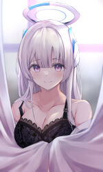 Rule 34 | 1girl, black bra, blue archive, blunt bangs, bra, breasts, cleavage, closed mouth, collarbone, commentary request, halo, highres, hojiro same, large breasts, looking at viewer, mechanical halo, noa (blue archive), partial commentary, pink eyes, smile, solo, underwear, upper body, white hair