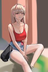 Rule 34 | 1girl, absurdres, bag, bare shoulders, bodam, breasts, casual, cleavage, collarbone, denim, denim shorts, goddess of victory: nikke, grin, hair intakes, highres, horns, large breasts, light brown hair, long hair, looking at viewer, pink horns, red eyes, red shirt, shirt, shorts, sitting, smile, solo, viper (nikke)