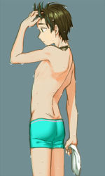 Rule 34 | 10s, 1boy, aqua jammers, aqua male swimwear, artist request, cowboy shot, free!, from behind, gluteal fold, grey background, high speed!, jammers, lowres, male focus, male swimwear, simple background, standing, swimsuit, tachibana makoto, tagme, wet