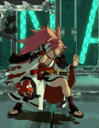 Rule 34 | 1girl, amputee, animated, animated gif, baiken, bouncing breasts, breasts, cleavage, eyepatch, female focus, full body, guilty gear, guilty gear xrd, large breasts, laughing, long hair, official art, pink hair, ponytail, sandals, solo, sword, tattoo, toeless footwear, toes, very long hair, weapon