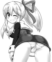 Rule 34 | 1girl, ass, dress, from behind, greyscale, grin, highres, leaning forward, long hair, looking back, m.m, mega man (classic), mega man (series), monochrome, one eye closed, panties, ponytail, ribbon, roll (mega man), simple background, smile, solo, trefoil, underwear, white background, white panties