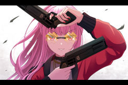 Rule 34 | 1girl, absurdres, commentary, dual wielding, english commentary, gun, highres, holding, holding gun, holding weapon, hololive, hololive english, jacket, jewelry, letterboxed, mori calliope, nail polish, necklace, parted lips, pink eyes, pink hair, ponytail, portrait, raven genesis, red jacket, red nails, smile, solo, sunglasses, virtual youtuber, weapon