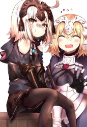 Rule 34 | 2girls, :t, absurdres, ahoge, animal hood, armor, armored dress, black gloves, black hoodie, black legwear, black ribbon, black skirt, blonde hair, blue dress, blush, cat hood, closed mouth, clothing cutout, commentary request, dress, closed eyes, fate/grand order, fate (series), fingerless gloves, flying sweatdrops, gauntlets, gloves, headpiece, highres, hood, hood down, hoodie, jeanne d&#039;arc (fate), jeanne d&#039;arc (ruler) (fate), jeanne d&#039;arc alter (avenger) (fate), jeanne d&#039;arc alter (fate), multiple girls, open mouth, pantyhose, pleated skirt, pout, ranf, ribbon, shoulder cutout, silver hair, skirt, sweat, tears, white background, yellow eyes