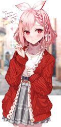 Rule 34 | 1girl, absurdres, atelier live, blurry, blurry background, blush, bow, braid, breasts, clenched hand, commission, cowboy shot, dress, eye contact, facing viewer, grey skirt, hair bow, hair ornament, hairpin, hand on own chest, hand up, heart, highres, jacket, jewelry, light smile, long sleeves, looking at another, looking at viewer, neck, necklace, pink hair, pinku (vtuber), pleated skirt, red dress, red eyes, red jacket, rum raisin (chihiromakita19), shirt, short hair, side braid, signature, single braid, skeb commission, skirt, small breasts, smile, solo, standing, straight-on, upper body, virtual youtuber, white background