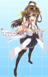 Rule 34 | 10s, 1girl, ^^^, ahoge, bare shoulders, black thighhighs, blush, boots, breasts, brown hair, dan (orange train), detached sleeves, double bun, hair bun, hair ornament, hairband, headgear, index finger raised, japanese clothes, kantai collection, kongou (kancolle), long hair, looking at viewer, nontraditional miko, open mouth, personification, pointing, pointing at viewer, ribbon-trimmed sleeves, ribbon trim, skirt, smile, solo, thigh boots, thighhighs, zettai ryouiki