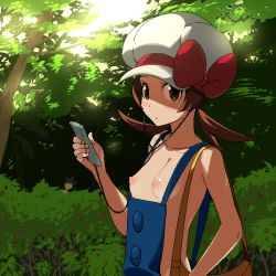 Rule 34 | 00s, 1girl, agemono, bad id, bad pixiv id, bag, bow, breasts, brown eyes, brown hair, creatures (company), day, forest, game freak, handbag, hat, hat ribbon, lyra (pokemon), naked overalls, nature, nintendo, nipples, nudist, oekaki, outdoors, overalls, pokemon, pokemon hgss, ribbon, short twintails, small breasts, solo, sunlight, twintails