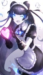 Rule 34 | 1girl, abyssal ship, alternate costume, apron, bad id, bad pixiv id, black hair, blue eyes, blunt bangs, colored skin, double bun, dress, enmaided, gauntlets, glowing, glowing eyes, hair bun, heart, heart hands, highres, kantai collection, light cruiser oni, long hair, maid, maid apron, maid headdress, no legs, one eye closed, puffy short sleeves, puffy sleeves, short sleeves, sidelocks, solo, very long hair, weasel (close-to-the-edge), white skin