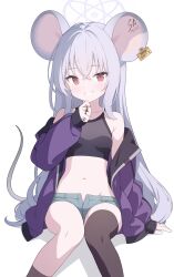 Rule 34 | 1girl, absurdres, animal ears, armpit crease, bare shoulders, black shirt, blue archive, breasts, brown socks, brown thighhighs, crop top, ear tag, grey shorts, grin, halo, highres, jacket, jewelry, jyt, long hair, long sleeves, looking at viewer, micro shorts, midriff, mouse ears, mouse tail, multiple rings, navel, off shoulder, official alternate costume, open clothes, open fly, open jacket, purple jacket, red eyes, ring, saya (blue archive), saya (casual) (blue archive), shirt, short shorts, shorts, simple background, single thighhigh, sitting, sleeveless, sleeveless shirt, small breasts, smile, socks, solo, stomach, tail, tail raised, thighhighs, thighs, very long hair, white background, white hair