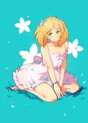 Rule 34 | 1girl, aqua background, arms between legs, bad id, bad pixiv id, bare shoulders, barefoot, blonde hair, blush, bracelet, breasts, cleavage, dress, flower, full body, grass, green eyes, hair flower, hair ornament, highres, jewelry, k (sktchblg), petals, pink dress, sakura trick, short hair, simple background, sitting, small breasts, smile, solo, sonoda yuu, twintails, v arms, wariza