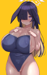 Rule 34 | 1girl, areola slip, black hair, blonde hair, blue archive, blue one-piece swimsuit, blush, breast suppress, breasts, cameltoe, cleavage, colored inner hair, covered erect nipples, frown, groin, hair over one eye, halo, halterneck, highres, huge breasts, long hair, looking at viewer, lop rabbit ears, multicolored hair, one-piece swimsuit, orange background, partially visible vulva, purple eyes, rabbit ears, rabbit girl, rose neru, school swimsuit, simple background, solo, sweat, swimsuit, taut clothes, thighs, tsukuyo (blue archive), two-tone hair, undersized clothes, very long hair, yellow background