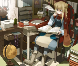 Rule 34 | blonde hair, book, boots, cactus, chair, desk, fantasy, globe, highres, original, pen, room, solo, stuffed animal, stuffed toy, tansuke, twintails