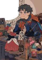 Rule 34 | 1boy, 1girl, abacus, apron, black gloves, black hair, blonde hair, blue eyes, blush, book, bow, brush, capelet, closed mouth, crystal, cup, desk, dirty, dirty face, dot nose, dress, gem, glasses, gloves, hair bow, holding, holding brush, indoors, interlocked fingers, long sleeves, looking at viewer, mini person, minigirl, on table, open book, own hands together, painting (object), palette (object), portrait (object), red bow, red dress, sash, semi-rimless eyewear, sign, signature, sitting, smile, standing, table, umishima senbon, under-rim eyewear, vase