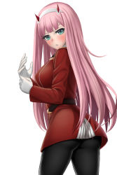 Rule 34 | 10s, 1girl, arisku, ass, blush, breasts, darling in the franxx, gloves, green eyes, hairband, highres, horns, long hair, looking at viewer, looking back, medium breasts, military, military uniform, pantyhose, parted lips, pink hair, sideboob, simple background, solo, standing, uniform, very long hair, white background, zero two (darling in the franxx)