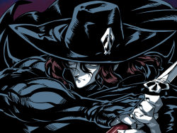 Rule 34 | 1boy, brown hair, cape, closed mouth, d (vampire hunter d), hat, highres, male focus, muscular, simple background, solo, sword, tukiwani, vampire, vampire hunter d, weapon