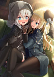 Rule 34 | 2girls, @ @, aqua eyes, arm support, ass, black cape, black headwear, black legwear, black skirt, blonde hair, blue capelet, blue dress, blue eyes, blunt bangs, blush, brown gloves, cape, capelet, commentary request, couch, dress, embarrassed, fate (series), fur-trimmed cape, fur-trimmed sleeves, fur trim, gloves, gray (fate), hand on another&#039;s chin, highres, hood, hood up, hooded cape, indoors, knees up, long hair, lord el-melloi ii case files, magic chocolate, miniskirt, multiple girls, naughty face, nose blush, on couch, open mouth, pantyhose, parted lips, reines el-melloi archisorte, short hair, silver hair, skirt, thighhighs, third-party source, v-shaped eyebrows, wavy mouth, yuri