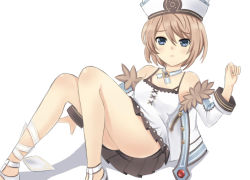 Rule 34 | 10s, 1girl, ass, bare shoulders, blanc (neptunia), blue eyes, blush, breasts, coat, detached collar, dress, harami, hat, looking at viewer, neptune (series), ribbon, short hair, sitting, solo